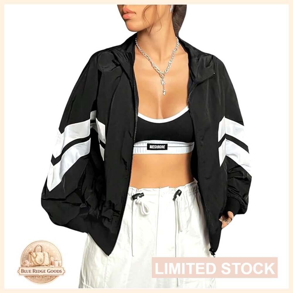 Color Block Zip Up Hooded Jacket Loose Fit Windbreaker Casual Outerwear